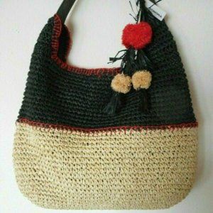 NEW NEW SONOMA Black Red Multi Color Woven Straw Shoulder Tote Handbag